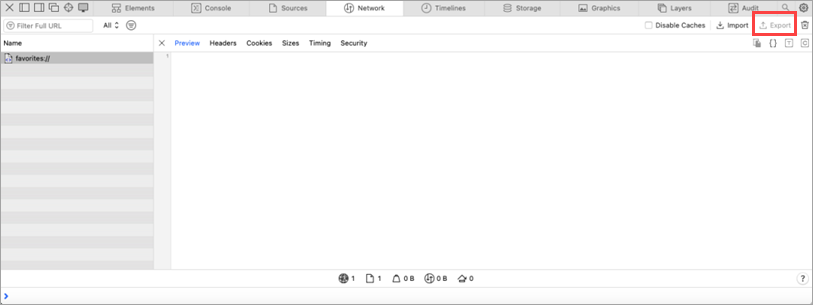 Web Inspector Network sekmesinde sağ üstteki Export düğmesi