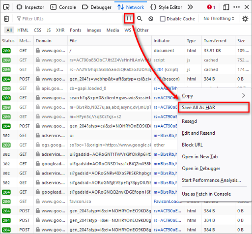 Firefox Network sekmesinde Pause simgesi ve sağ tık menüsündeki Save All As HAR seçeneği