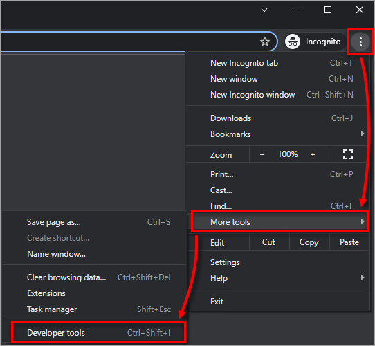 Chrome menüsünde More Tools altındaki Developer Tools seçeneği