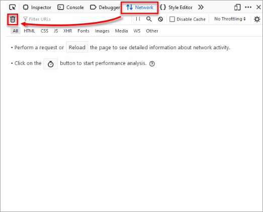 Firefox Network sekmesinde Clear (çöp kutusu) simgesi