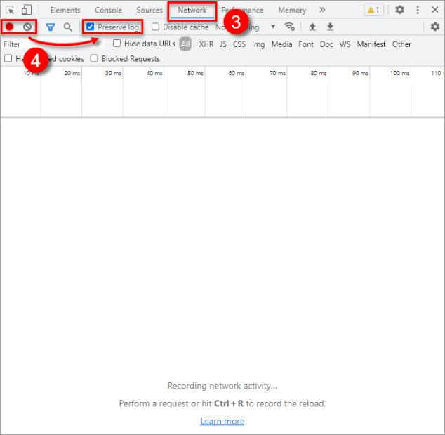 Network sekmesinde Clear simgesi, Preserve log kutusu ve kırmızı Record simgesi