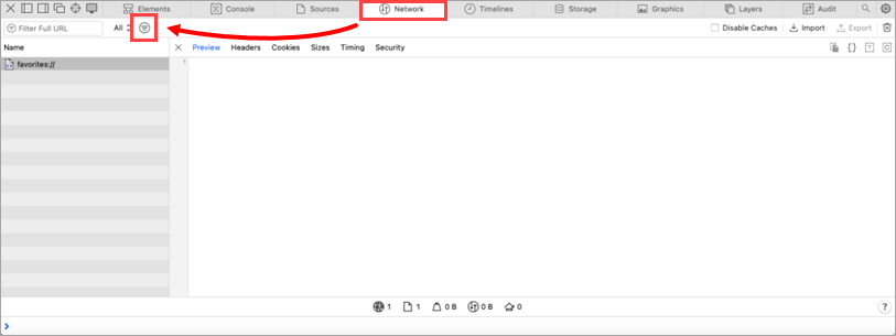 Web Inspector Network sekmesinde filtre simgesi