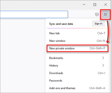 Firefox menüsünde New private window seçeneği