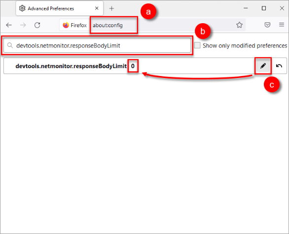 Firefox about:config sayfasında devtools.netmonitor.responseBodyLimit değeri 0 olarak ayarlanmış