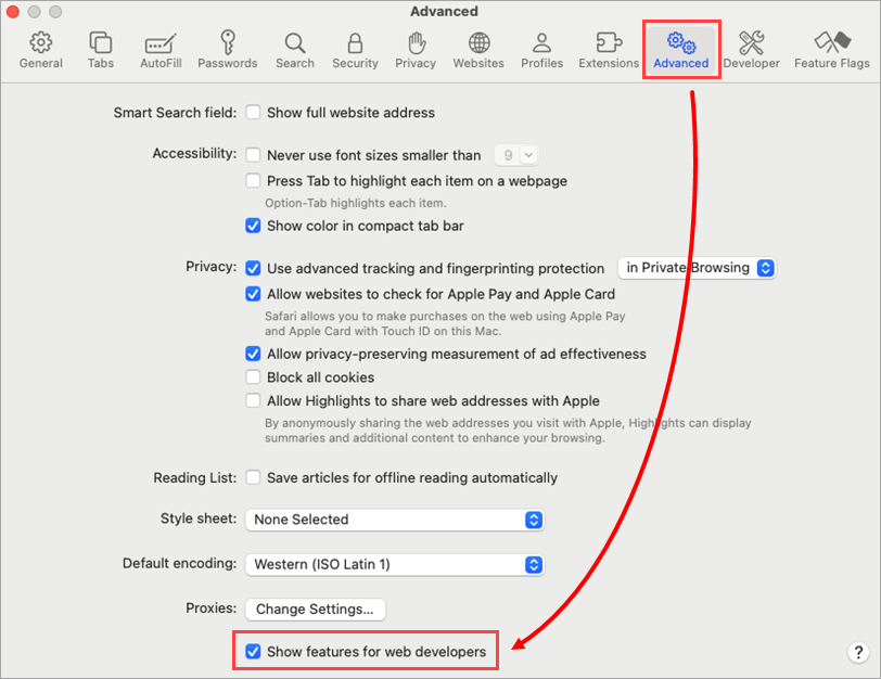 Safari Settings penceresinde Advanced sekmesi ve Show features for web developers kutusu