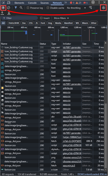 Network sekmesinde Record simgesi ve sağdaki dişli simgesi