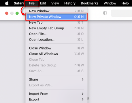 Safari File menüsünde New Private Window seçeneği