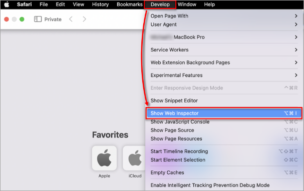 Safari menü çubuğunda Develop menüsü ve Show Web Inspector seçeneği