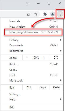 Chrome menüsünde New incognito window seçeneği