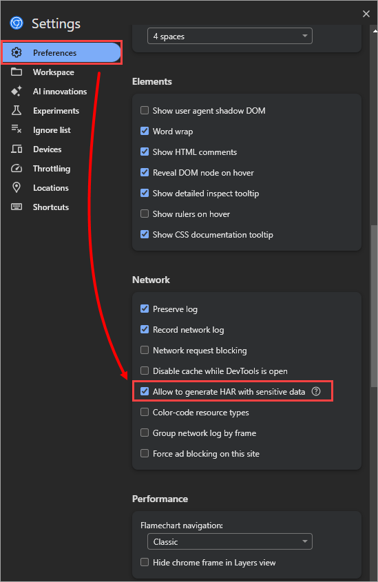 Developer Tools ayarlarında Preferences altındaki Allow to generate HAR with sensitive data kutusu
