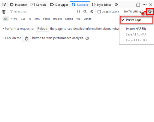 Firefox Network sekmesinde dişli menüsündeki Persist Logs seçeneği
