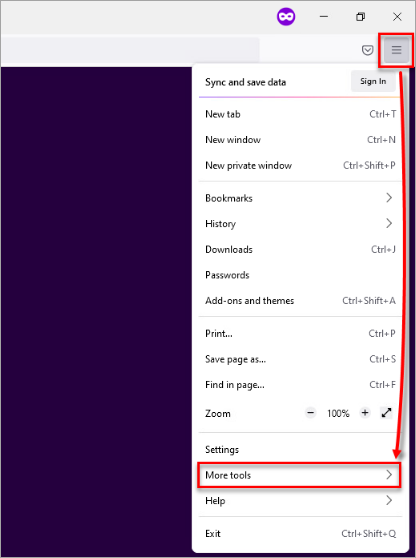Firefox menüsünde More tools seçeneği